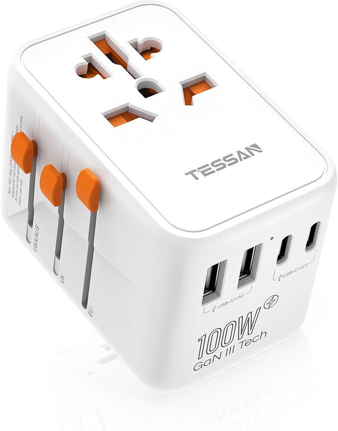 TESSAN Universal Travel Adapter 100W GaN, International Power Adapter with 5 USB(3 USB C) Charging Ports, Worldwide Outlet for US to European Europe UK AUS Ireland(Type C/G/A/I)