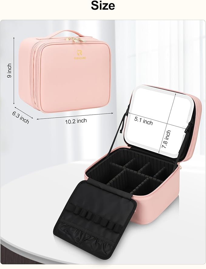 Travel Makeup Bag with LED Mirror Double Layer Makeup Case with Lighted Mirror Dual Layer Cosmetic Train Case Portable Artist Organizer Bag with Dividers and Rechargeable Vanity (Pink, Small)