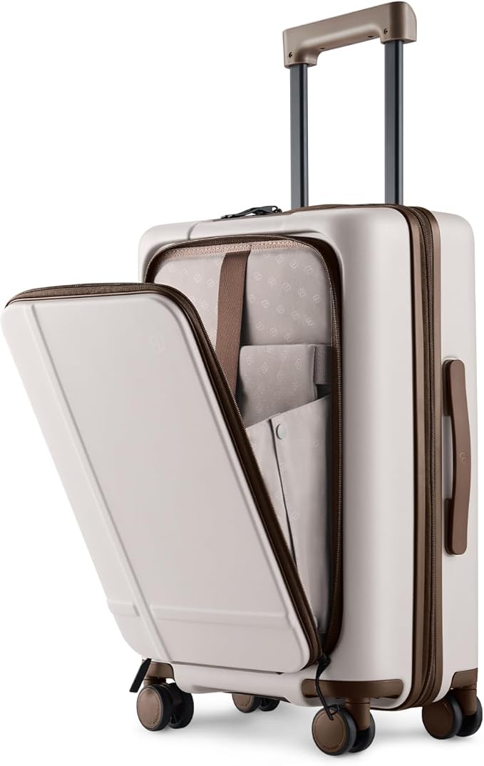 NINETYGO Carry On Luggage 22x14x9 Airline Approved, 20 Inch Suitcase with Front Compartment & Cup Holder, Coffee-Infused PC Hard Shell, Eco-Friendly, TSA Lock, 360° Spinner Wheels (Oats White)