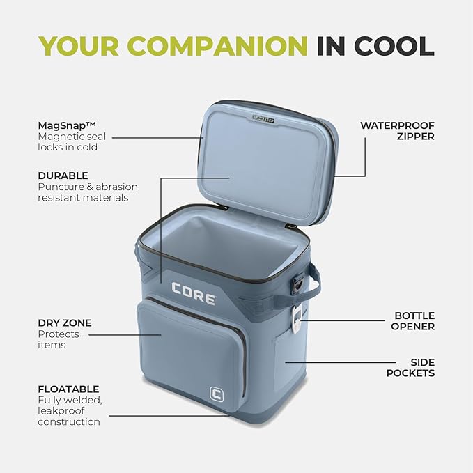CORE Magnetic Leak Proof Soft Cooler with Waterproof Zipper | Insulated Bag Portable Ice Chest Box | Best Soft Cooler for Food & Beverages for Tailgating, Car Camping, Travel, and Family Beach Picnics