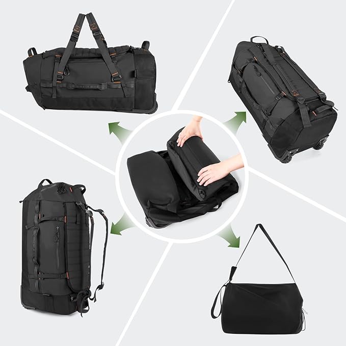 Vomgomfom 86L Collapsible Wheeled Luggage with Removable Backpack Straps,Waterproof Rolling Duffle Bag with Quilted Base,No Telescope Handle,Black