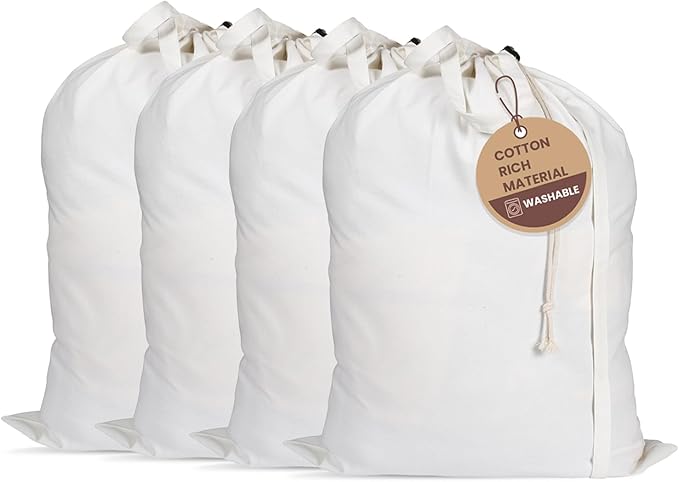 LFH Home Cotton Canvas Large Laundry Bag with Handle, Heavy Duty Drawstring Closure Washable Laundry Bags, School Travel, Home, Hotel, College Dorm, Organizer Sack, Toy Clothes 28x36 (Pack of 4)-White