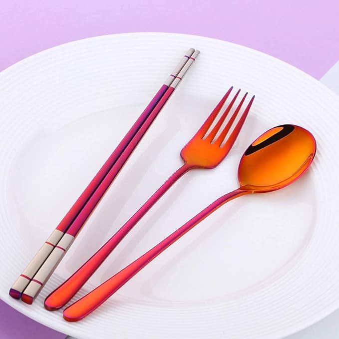 3 PCS Outdoor Flatware Set Fork Spoon Chopsticks/Travel Flatware Set with a Case, Red