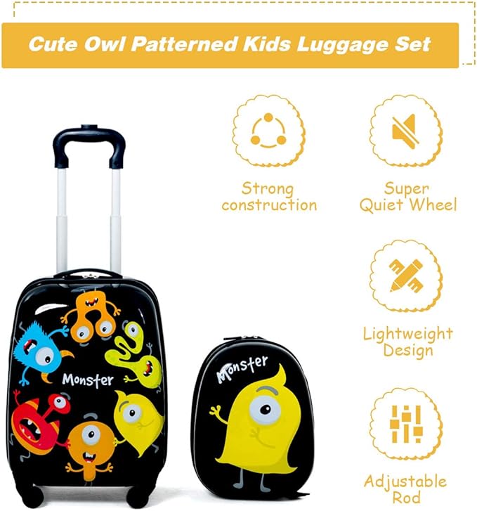 HONEY JOY Kids Luggage, 12" Toddler Backpack & 16" Travel Suitcase with Wheels, Lightweight Toddler Girls Suitcase, Durable ABS Hardshell, 2Pcs Carry On Luggage Set for Boys Girls, Black Monster