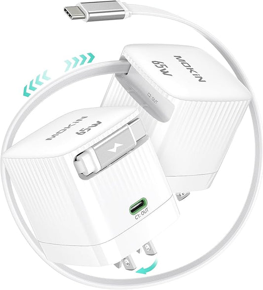 Retractable Wall Charger, 65W PD Fast USB C Charger Block with Retractable Type-C Cable, Travel Fast Charging Adapter with Foldable Plug for iPhone 16/15, MacBook Air, iPad Pro, Samsung, Pixel
