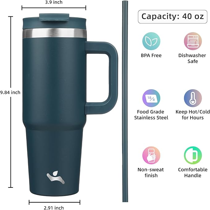 40 oz Tumbler with Handle and 2 Straws,2 in 1 Lid Insulated Water Bottle Stainless Steel Travel Coffee Mug,Navy blue