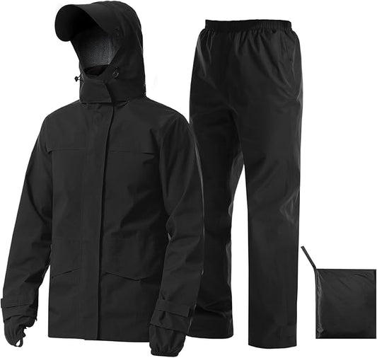 iCreek Rain Suit Waterproof Jacket with Pants 2 Pieces Breathable Lightweight Packable Raincoat with Hooded Rain Gear Unisex
