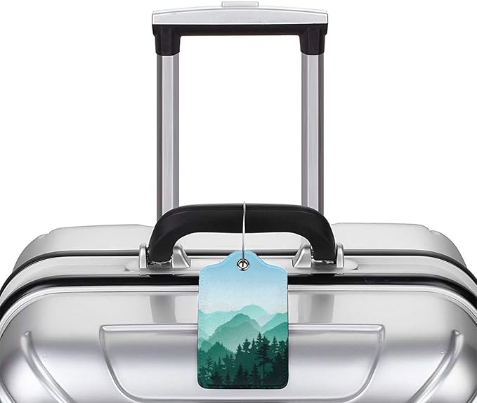 2 Pcs Cute Green Mountain Luggage Tag for Suitcase, Steel Loop with Privacy Cover ID Label, Green Hill Forest Birthday Decoration Themed Travel Gift