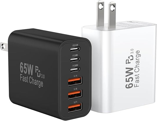 USB C Fast Charger Block, iPhone Charger Fast Charging Blocks 65W Multi Port Charger 6-Ports PD & QC Charging Cube Brick Power Adapter Type C Wall Chargers for iPhone 17/16/15/14/13/12 Pro Max, iPad