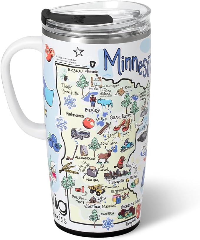Swig Life 22oz Travel Mug, Insulated Tumbler with Handle and Lid, Travel Coffee Mug, Cup Holder Friendly, Stainless Steel 22 oz Tumbler, Reusable Insulated with Lid (Minnesota)