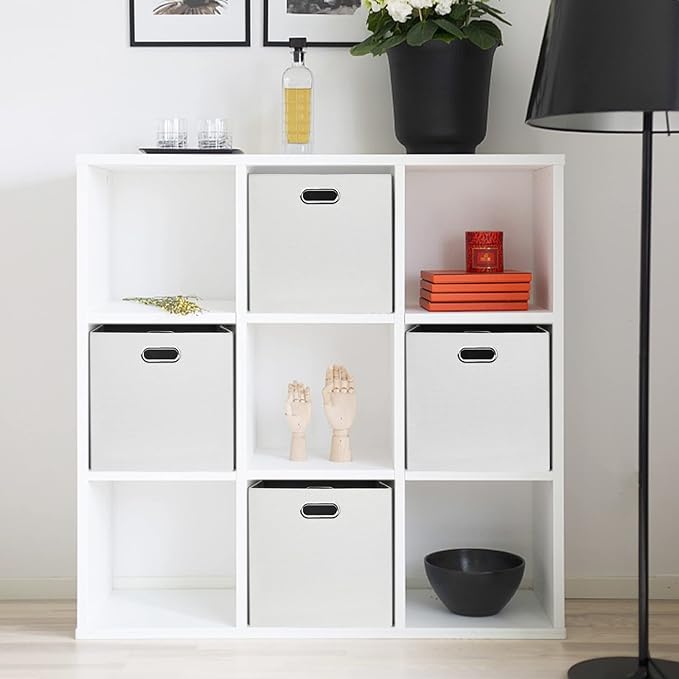 Posprica Fabric Storage Cubes, 13x13 Collapsible Storage Bins with Dual Handles, Foldable Storage Boxes Basket for Closet Shelf Cabinet Bookcase Organization, Set of 4, White