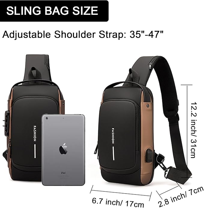 Sling Bag for Men Anti-theft USB Crossbody Shoulder Backpack Purse Waterproof PU Leather Chest Bag Travel Daily Use