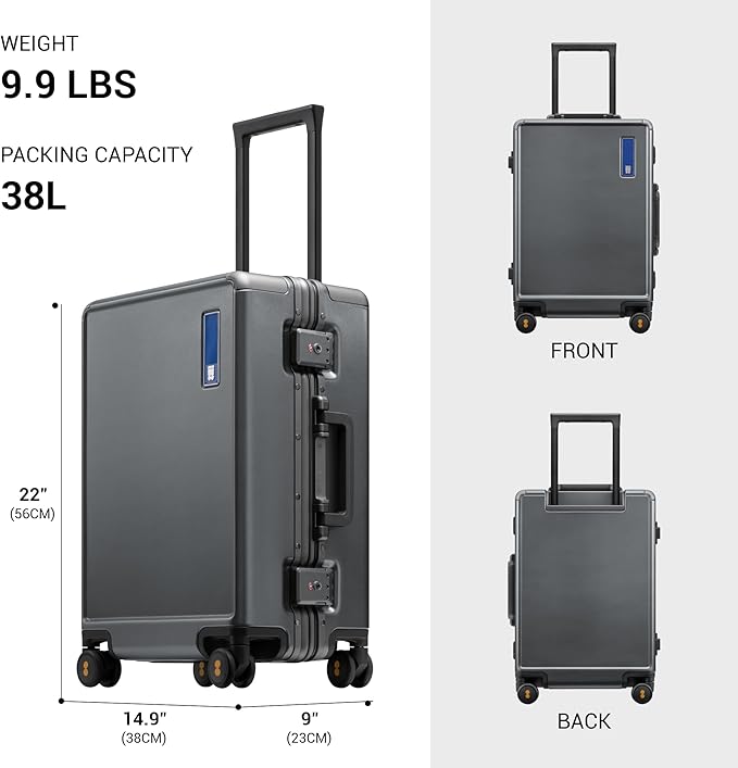 LEVEL8 Zipperless Carry On Luggage Airline Approved with Aluminum Frame, Hard Shell Suitcase with Spinner Wheels, Metal Checked Luggage with Packing Organizers, 20 Inch, Grey