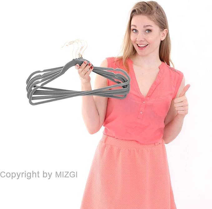 MIZGI Premium Velvet Hangers (30 Pack) Heavy Duty - Non Slip - Velvet Suit Hangers Gray - Copper/Rose Gold Hooks,Space Saving Clothes Hangers (Gray)
