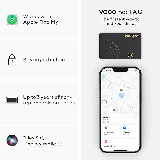[Apple MFi Certified] VOCOlinc Air Card Tag Wallet Tracker Ultra-Thin 1.6mm, Smart Item Finder Work with Apple Find My APP (iOS Only, Android not Supported), Locator for Luggage Suitcase, Bag,Backpack