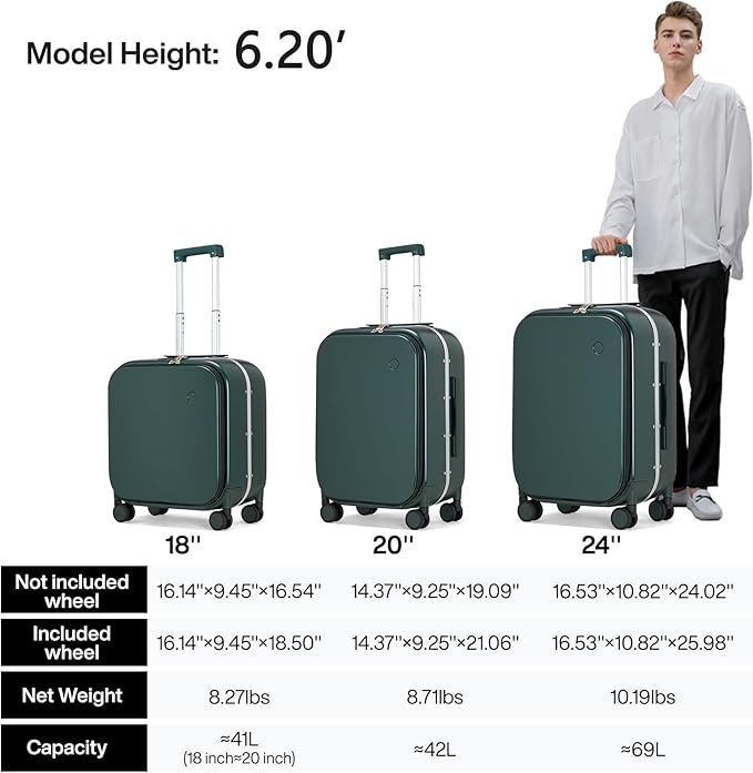mixi Luggage Suitcase with Spinner Wheels, 24'' Checked Travel Luggage Aluminum Frame PC Hardside with TSA Lock & Cover - Blackish Green