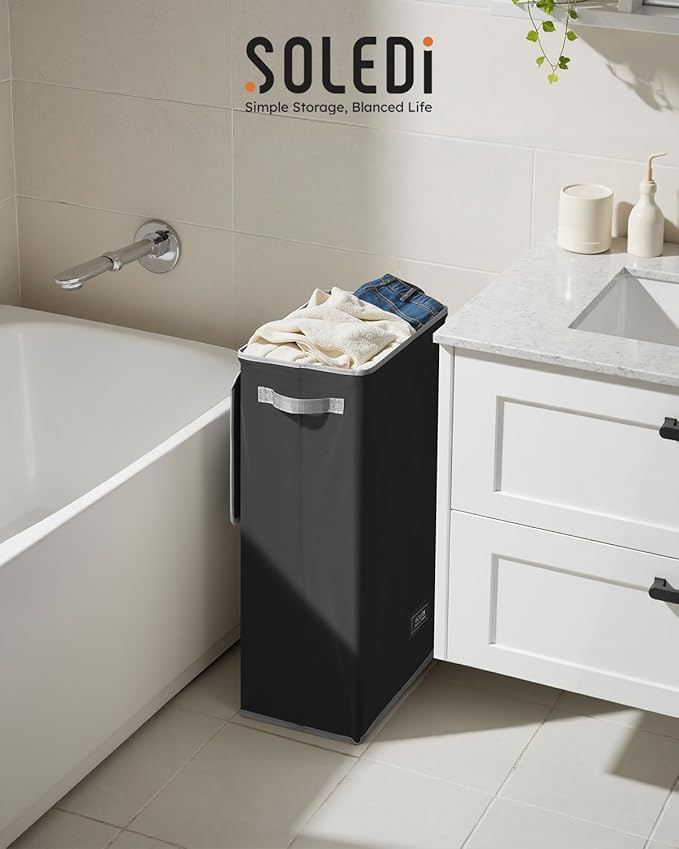 SOLEDI Slim Laundry Hamper with Lid, Narrow Laundry Basket with Removable Bags, Dirty Clothes Hamper with handle, Small Hamper perfect for Laundry room, Bathroom, Bedroom, Small spaces. 70L Black