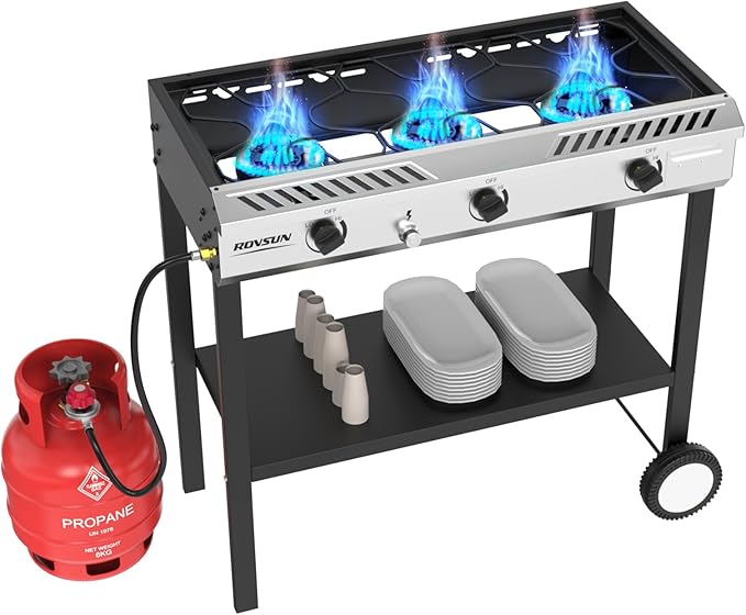 ROVSUN 3 Burner Outdoor Propane Burner with Ignition & Regulator, 225,000 BTU Powerful & Portable Gas Stove Outdoor Stand Cooker for Backyard Patio Cooking Home Camping Brewing Canning Turkey Frying