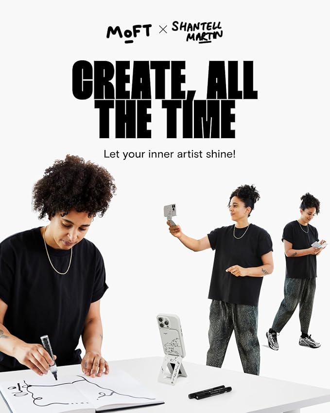 MOFT x Shantell Martin Phone Tripod Stand Selfie Stick for iPhone, Multi-Angles iPhone Stand, Lightweight & Portable Phone Holder, Strong Magnets, MOVAS Vegan Leather, Misty Cove (Without Card Slot)