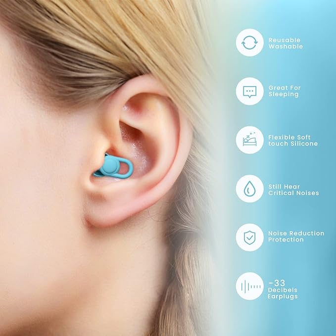 Silicone Ear Plugs for Noise Reduction - Reusable Soft Comfortable Earplugs for Sleeping,Noise Sensitivity & Flights -16 Ear Tips in XS/S/M/L, with 2 Travel Boxes - 33dB Noise Cancelling (Light Blue)