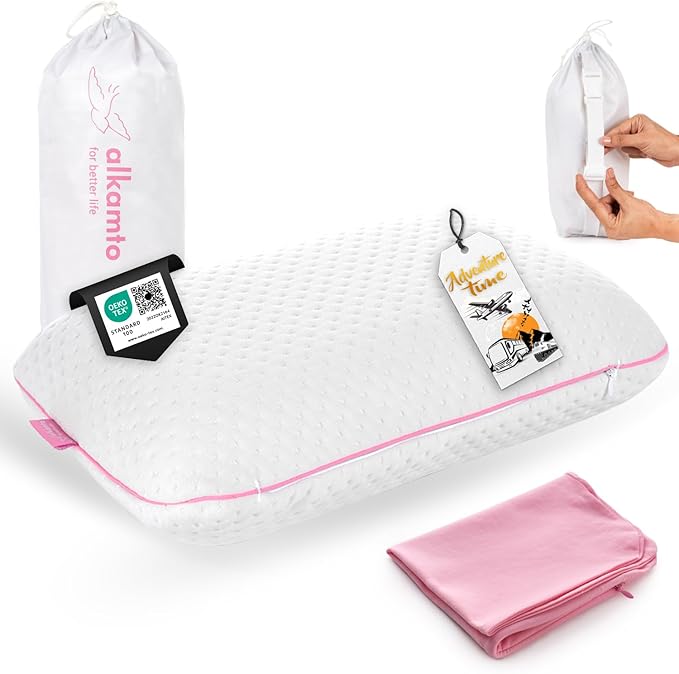 Travel & Camping Comfortable Memory Foam Pillow – Easy to Carry Portable Bag – Temperature Regulating Pillow Case (Pink + Extra Cover)