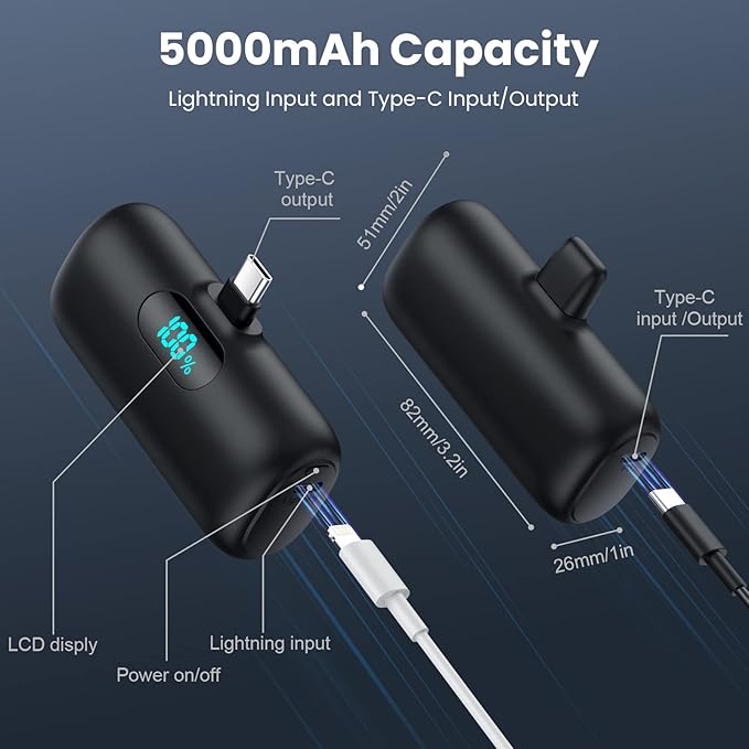 [2-Pack] Mini Portable Charger 5000mAh Power Bank,3A PD USB C Cell Phone Portable Power, LCD Display Battery Pack Compatible with iPhone 16/15/15 plus/15 pro/15 pro Max/Android/Samsung/Moto/LG etc
