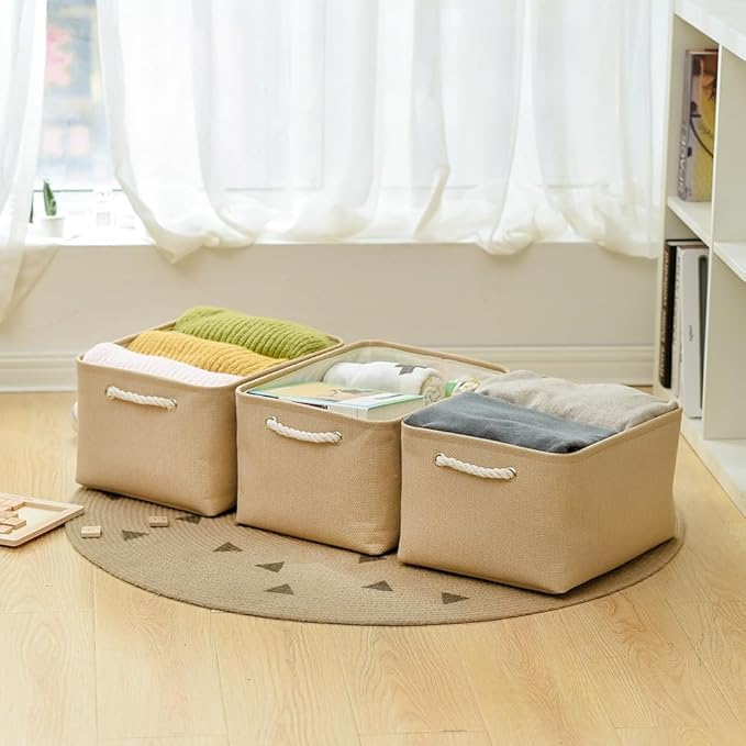 TheWarmHome Organization and Storage Bin for Shelves - Large 3 Pack 16x12x8 inch Storage Basket for Organizing, Canves Storage Cubes for Organizer Toy Closet Cloth Gift (Beige)