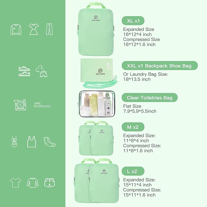 Lightweight Compression Packing Cubes for Suitcases, Compressible Expandable Travel Packing Organizer with Clear Toiletries and Backpack Bag, Travel Essentials for Carry on Luggage 7 Set