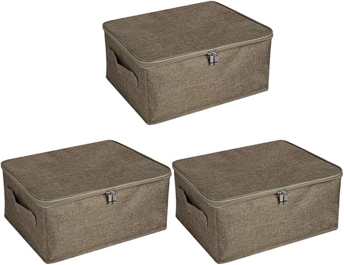 ANMINY 3PCS Storage Bins with Zipper Lids 13 Qt Lidded Fabric Storage Boxes Baskets Cubes with Handles Collapsible Washable Cotton Linen Closet Shelf Clothes Organizer Containers - Coffee, Small