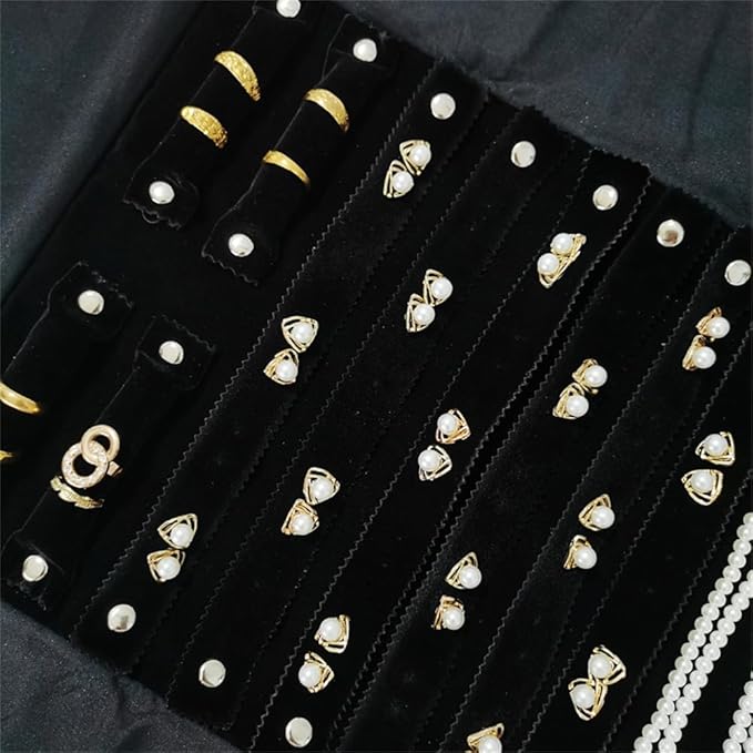 Velvet Travel Jewelry Case Roll Bag Organizer for Necklace Bracelet Earrings Ring (Black) (Black(2+6+6))