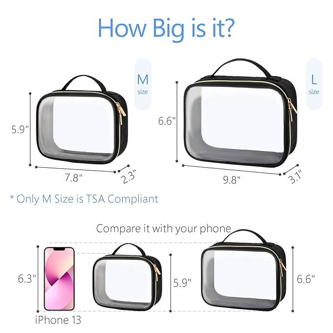PACKISM Clear Makeup Bag - TSA Approved Toiletry Bag with Handle Large Opening, Clear Toiletry Bags for Traveling Travel Essentials, Travel Bags for Toiletries, Black