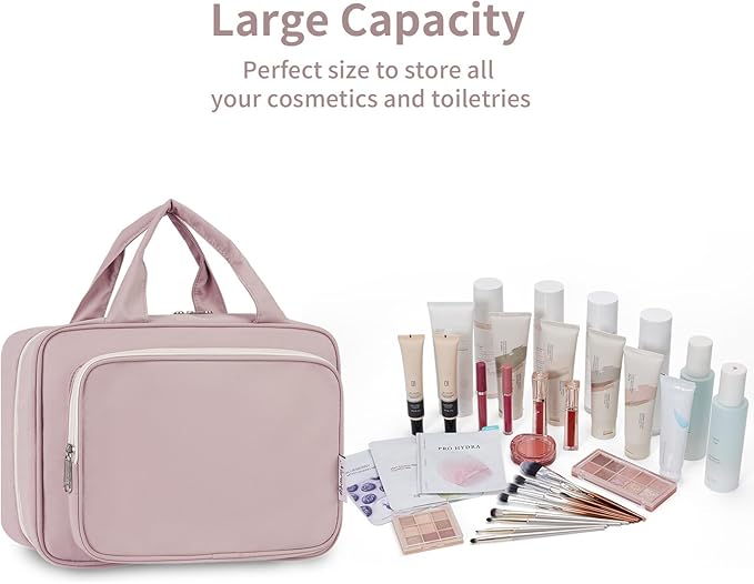 Travel Toiletry Bag for Women Large Hanging Makeup Bag Organizer Toiletries Bag for Full Size Essentials Accessories Cosmetics (Dusty Rose (Large))