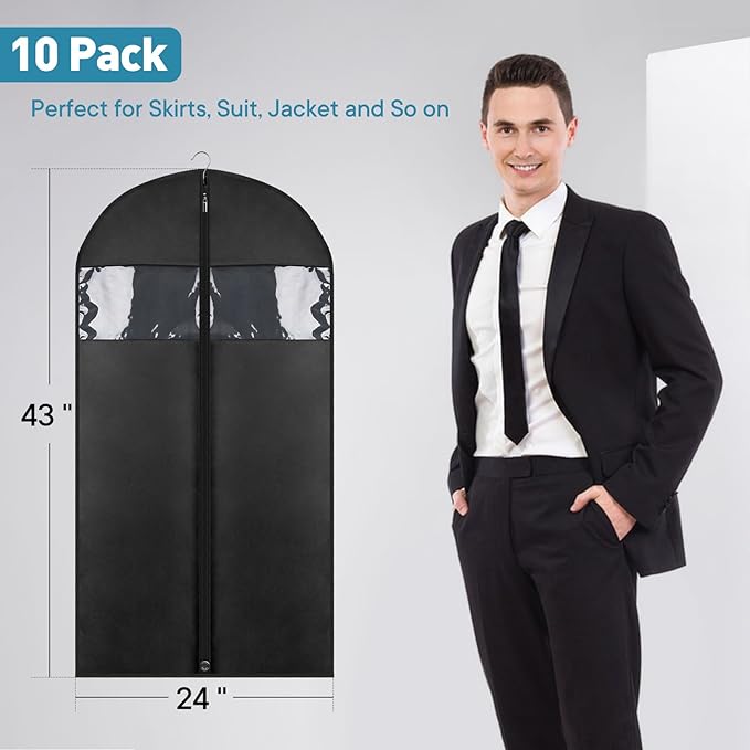 10 Pack - Moucas 43" Black Garment Bag, Mens Suit Bags for Closet Storage and Travel, Garment Bags for Hanging Clothes, Suit Cover Bags with Zipper for Coats, Jackets, Shirts