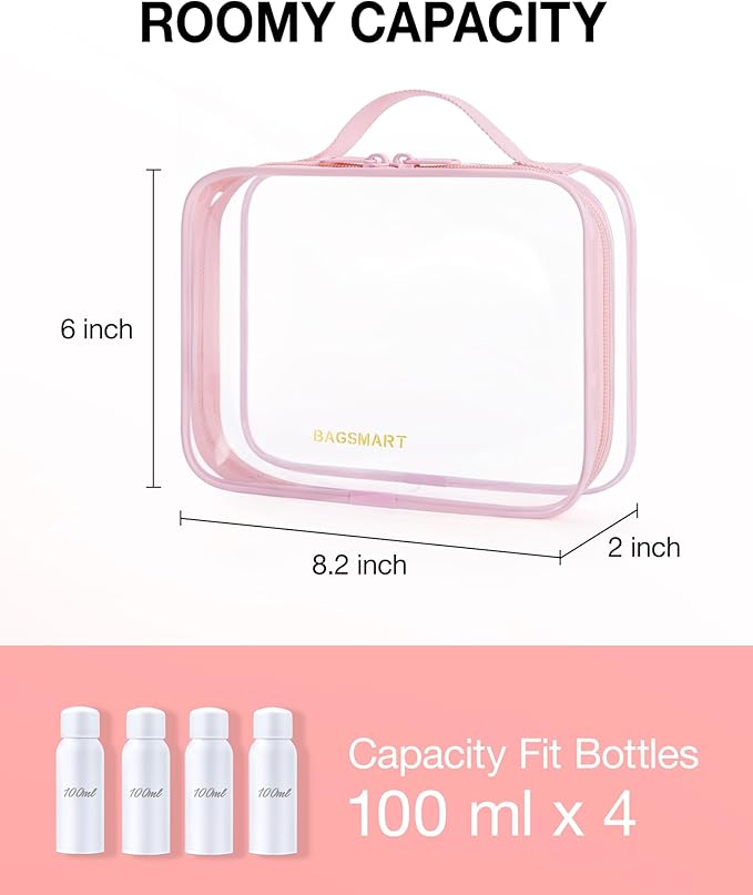 BAGSMART TSA Approved Clear Toiletry Bag, 3 Packs Quart Size Water Resistant Makeup Cosmetic Bags for Women, Airport Airline Travel Essential Carry On Organizer with Handle Large Opening, Pink