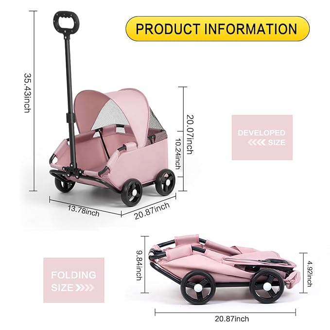 Dog Stroller 4 Wheels Folding Dog Cart with Sunshine Cover Pet Stroller for Travelling Shopping Walking Playing for Small Dogs Cats