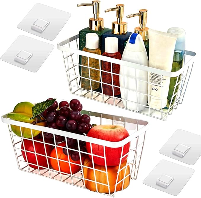 2 Set LeleCAT Hanging Wall Basket Organizer, Over the Cabinet Door Adhesive Wire Baskets for Organizing Kitchen Food Pantry Bathroom Shelf Storage No Drilling Wall Mounted,White