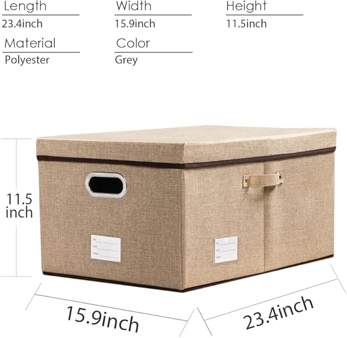 PRANDOM Storage Bins with Lids [3-Pack] Jute Fabric Foldable Storage Boxes Organizer Containers Baskets Cube with Cover for Home Bedroom Closet Office Nursery khaki（23.4X15.9X11.5