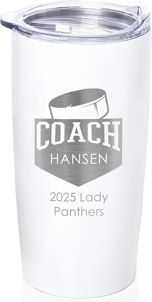 Lifetime Creations Personalized Hockey Coach Tumbler: Custom Hockey Coach Gift, Coaches Coffee Travel Mug from Team, Insulated Engraved Stainless Steel 20 Ounce Cup (White)