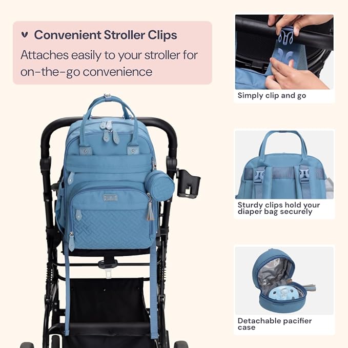 BabbleRoo Diaper Bag Backpack - Baby Essentials Travel Tote - Multi function Water Resistant Diaper Bag, Travel Essentials Baby Bag with Changing Pad, Stroller Straps & Pacifier Case - Light Blue