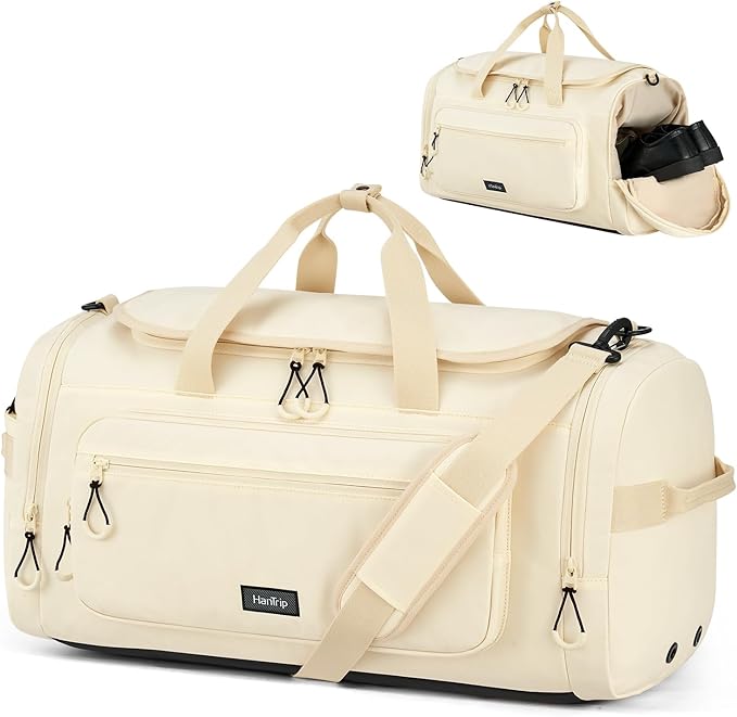 Large Travel Duffle Gym Bag with Shoe Compartment, Underseat Carry On Luggage Overnight Weekender Personal Item Workout Bags for Women Men (Offwhite)