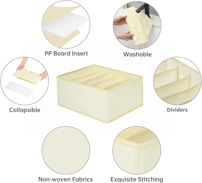 Jeans Drawer Organizers for Clothing, 5 Compartment Wardrobe Storage Box, Washable Clothes Organizer for Folded Clothes, Jeans, Pants, Leggings, t-shirts(Beige)