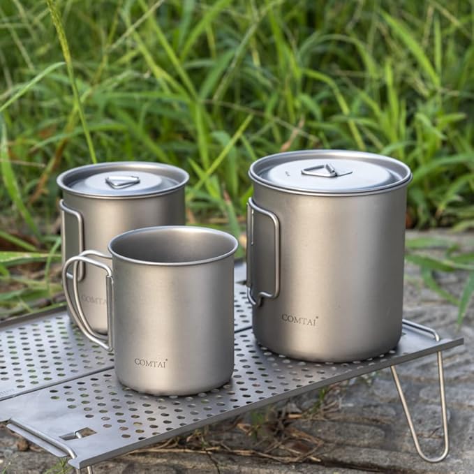 Titanium Camping Pot Mug 15oz (420ml) with Lid and Foldable Handle – Ultralight Camping Cup for Hiking, Backpacking, Outdoor Cooking, Silver