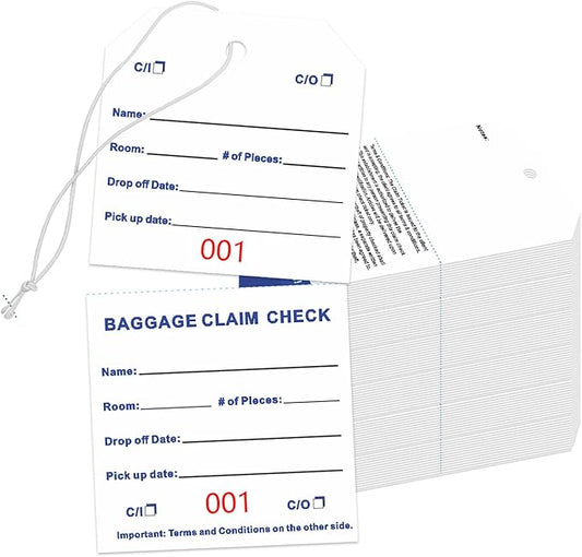 1000 Baggage Claim Check Tags with Transfer Tape on Back, 4 3/4 x 2 3/8 Hotel Luggage ID Tags Numbering from 001 to 1000, Baggage Identification for Hotel Suitcase Motel Bag