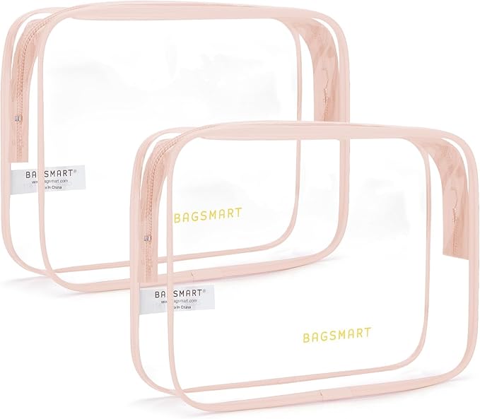 BAGSMART Clear Toiletry Bag, 2 Packs TSA Approved Water Resistant Quart Size Travel Organizer, Airport Airline Travel Essential Carry On Makeup Cosmetic Bags for Women, Nude Pink