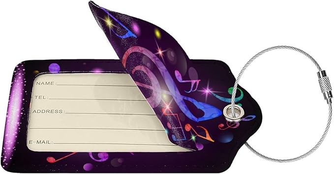 Set of 2 Music Note Luggage Tags with Full Back Privacy Suitcase Labels Identifiers, Colorful Purple PU Leather Baggage Tags for Music Lovers Women Men Girls Boys Travel