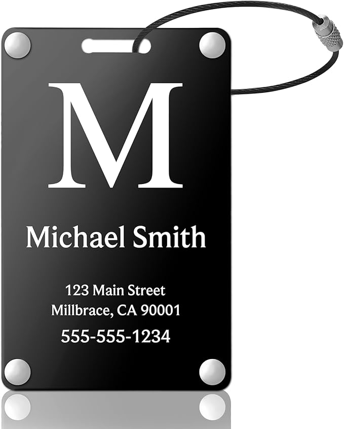 Personalized Luggage Tags: Custom Metal Luggage Tags for Suitcases, Backpacks and Bags with Your Personalized Text (Black)