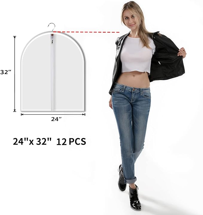 Clear Garment Bags Clothes Covers Protecting Dusts (Set of 12) for Storage Plastic Garment Bags Hanging Clothes Bags Dress Bag with Full Zipper for Closet Storage - 24'' x 32''/12 Pack