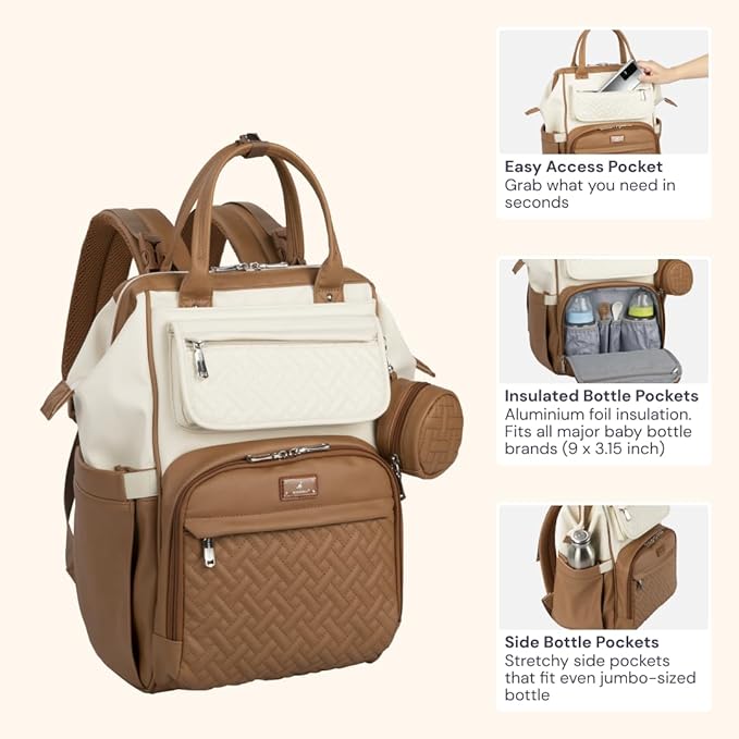 BabbleRoo Leather Diaper Bag Backpack, Multifunction Large Bags with Changing Pad & Stroller Straps & Pacifier Case, Unisex Stylish Travel Back Pack Nappy Changing Bag for Moms Dads (Caramel Cream)