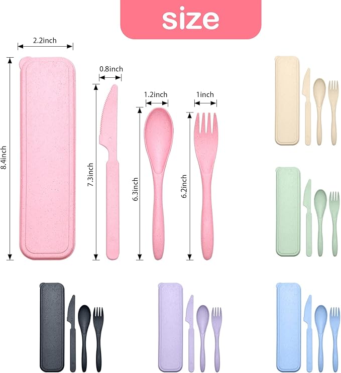 Reusable Travel Utensils Set with Case, 12 Sets Wheat Straw Portable Knife Fork Spoons Cutlery, Eco-Friendly BPA Free Plastic Tableware for Kids Adults Travel Picnic Camping Utensils