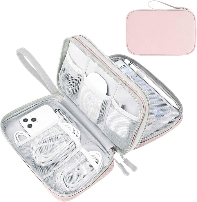 FYY Electronic Organizer, Large Travel Cable Organizer Bag Pouch Electronic Accessories Carry Case Portable Waterproof Double Layers All-in-One Storage Bag for Cable, Cord, Charger, Phone, Light Pink